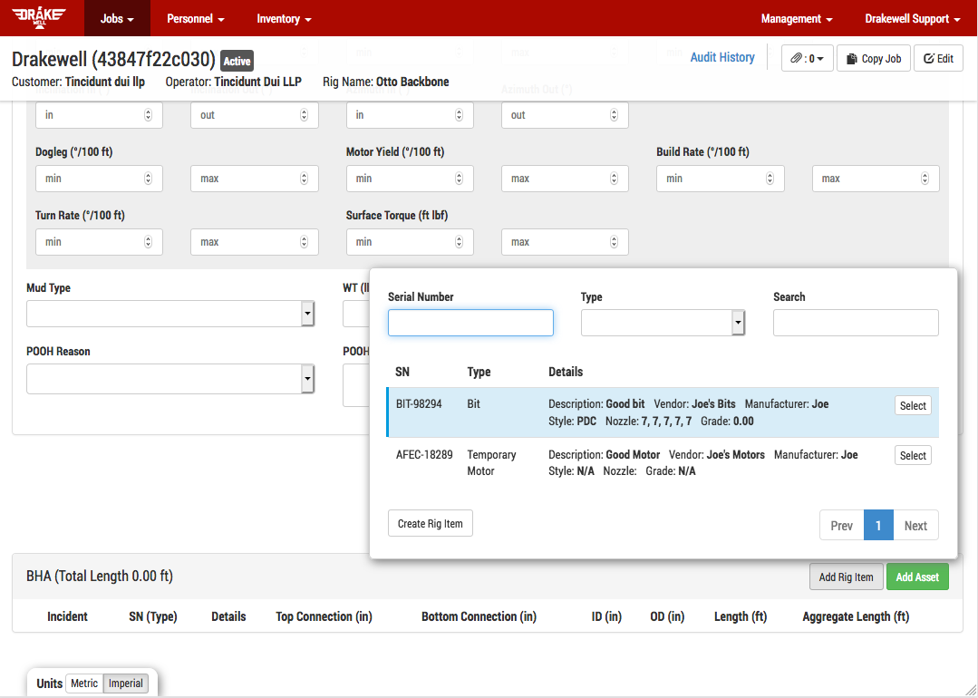 BHA Rig Item Selector